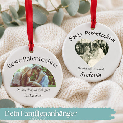 Ornament für Patentante Patenonkel personalisiert, Geschenk Idee Foto Anhänger vom Patenkind, Keramik Dankeschön Weihnachtsbaum Schmuck