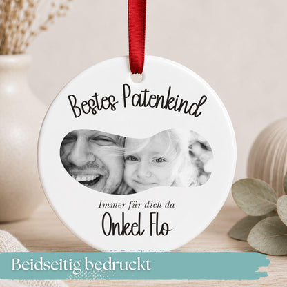 Ornament für Patentante Patenonkel personalisiert, Geschenk Idee Foto Anhänger vom Patenkind, Keramik Dankeschön Weihnachtsbaum Schmuck