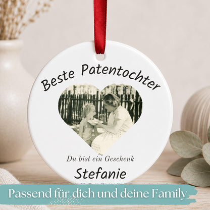 Ornament für Patentante Patenonkel personalisiert, Geschenk Idee Foto Anhänger vom Patenkind, Keramik Dankeschön Weihnachtsbaum Schmuck