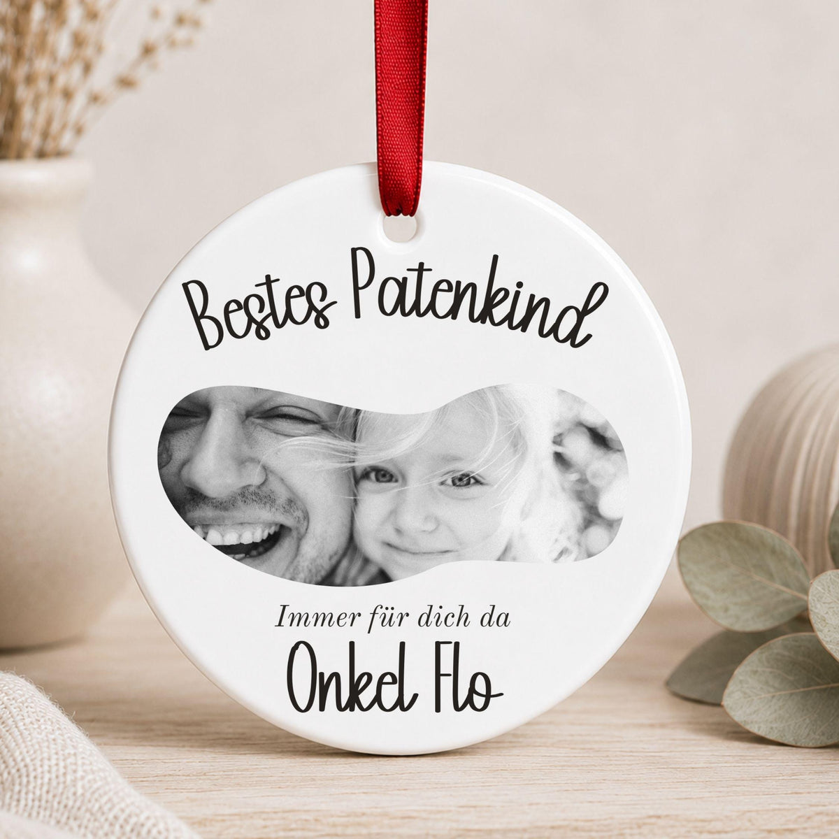 Ornament für Patentante Patenonkel personalisiert, Geschenk Idee Foto Anhänger vom Patenkind, Keramik Dankeschön Weihnachtsbaum Schmuck