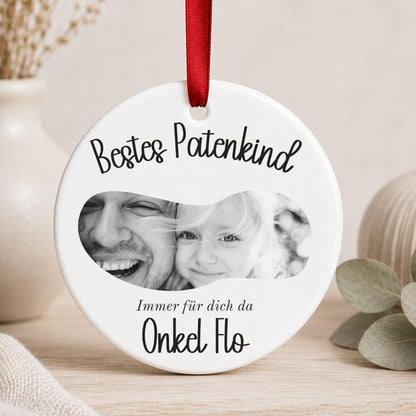 Ornament für Patentante Patenonkel personalisiert, Geschenk Idee Foto Anhänger vom Patenkind, Keramik Dankeschön Weihnachtsbaum Schmuck