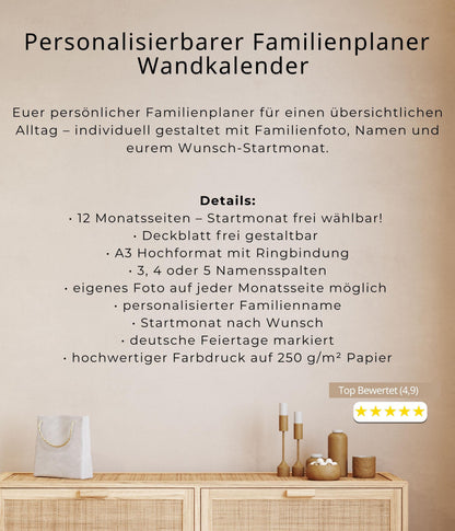 Familienplaner 2026 - 2027 personalisierbar | Familienkalender mit Foto | A3 Wandkalender 3-4-5 Spalten | Startmonat wählbar minimalistisch