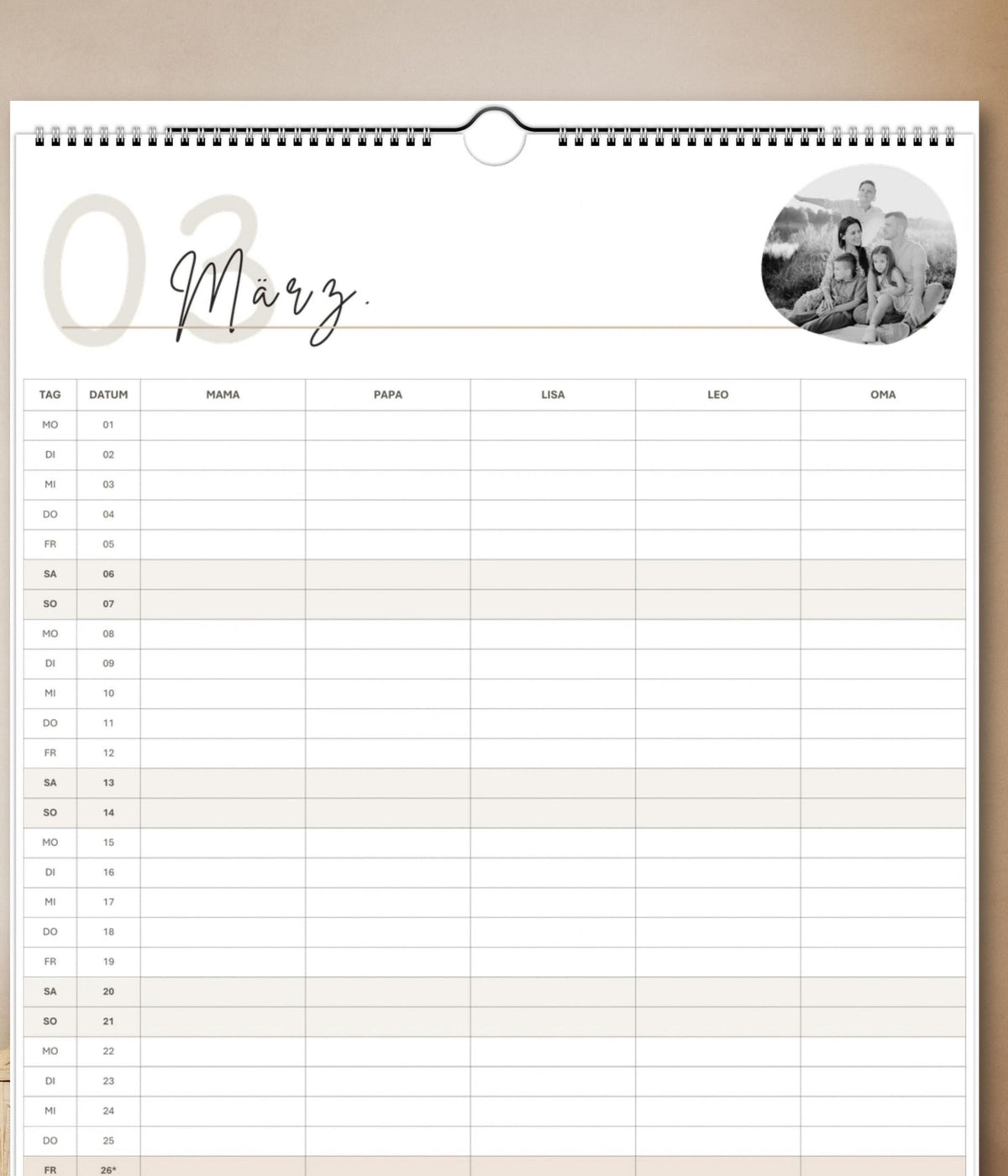 Familienplaner 2026 - 2027 personalisierbar | Familienkalender mit Foto | A3 Wandkalender 3-4-5 Spalten | Startmonat wählbar minimalistisch