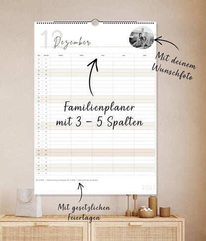Familienplaner 2026 - 2027 personalisierbar | Familienkalender mit Foto | A3 Wandkalender 3-4-5 Spalten | Startmonat wählbar minimalistisch