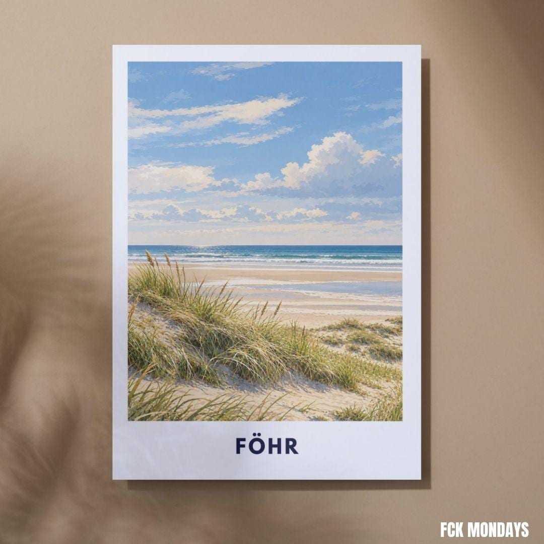Föhr Poster Nordsee | Inselstrand Illustration mit Dünen & Meer | Nordfriesland Wandbild | Wyk Nieblum Utersum Küstendeko Kunstdruck
