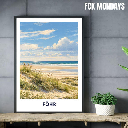 Föhr Poster Nordsee | Inselstrand Illustration mit Dünen & Meer | Nordfriesland Wandbild | Wyk Nieblum Utersum Küstendeko Kunstdruck