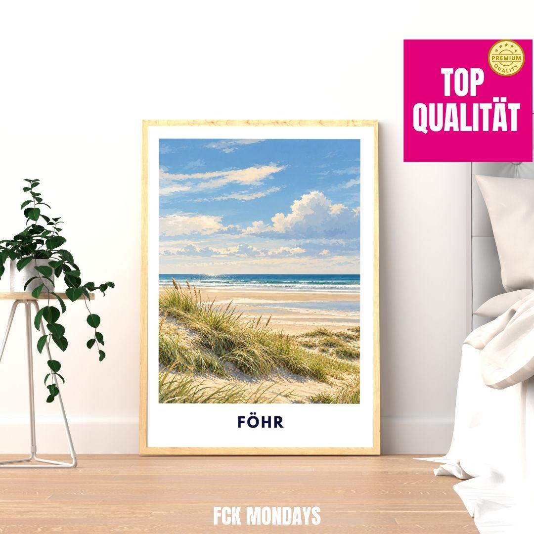 Föhr Poster Nordsee | Inselstrand Illustration mit Dünen & Meer | Nordfriesland Wandbild | Wyk Nieblum Utersum Küstendeko Kunstdruck