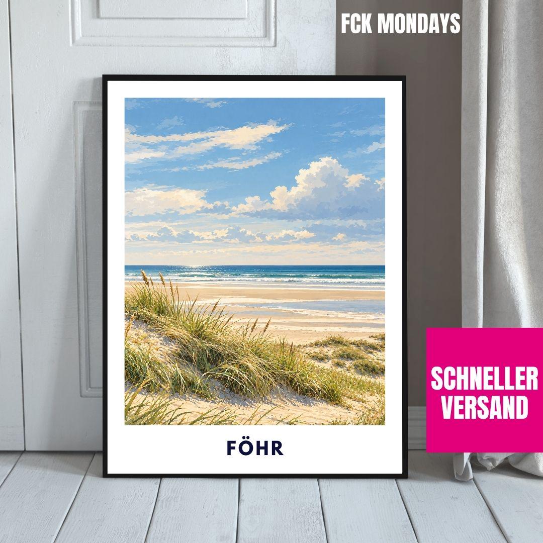 Föhr Poster Nordsee | Inselstrand Illustration mit Dünen & Meer | Nordfriesland Wandbild | Wyk Nieblum Utersum Küstendeko Kunstdruck