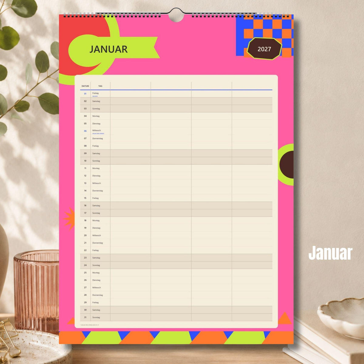 Familienkalender 2027 A3/A4 | Bunter Wandkalender für 1–4 Personen | Familienplaner mit deutschen Feiertagen | Jahreskalender Geburtstage