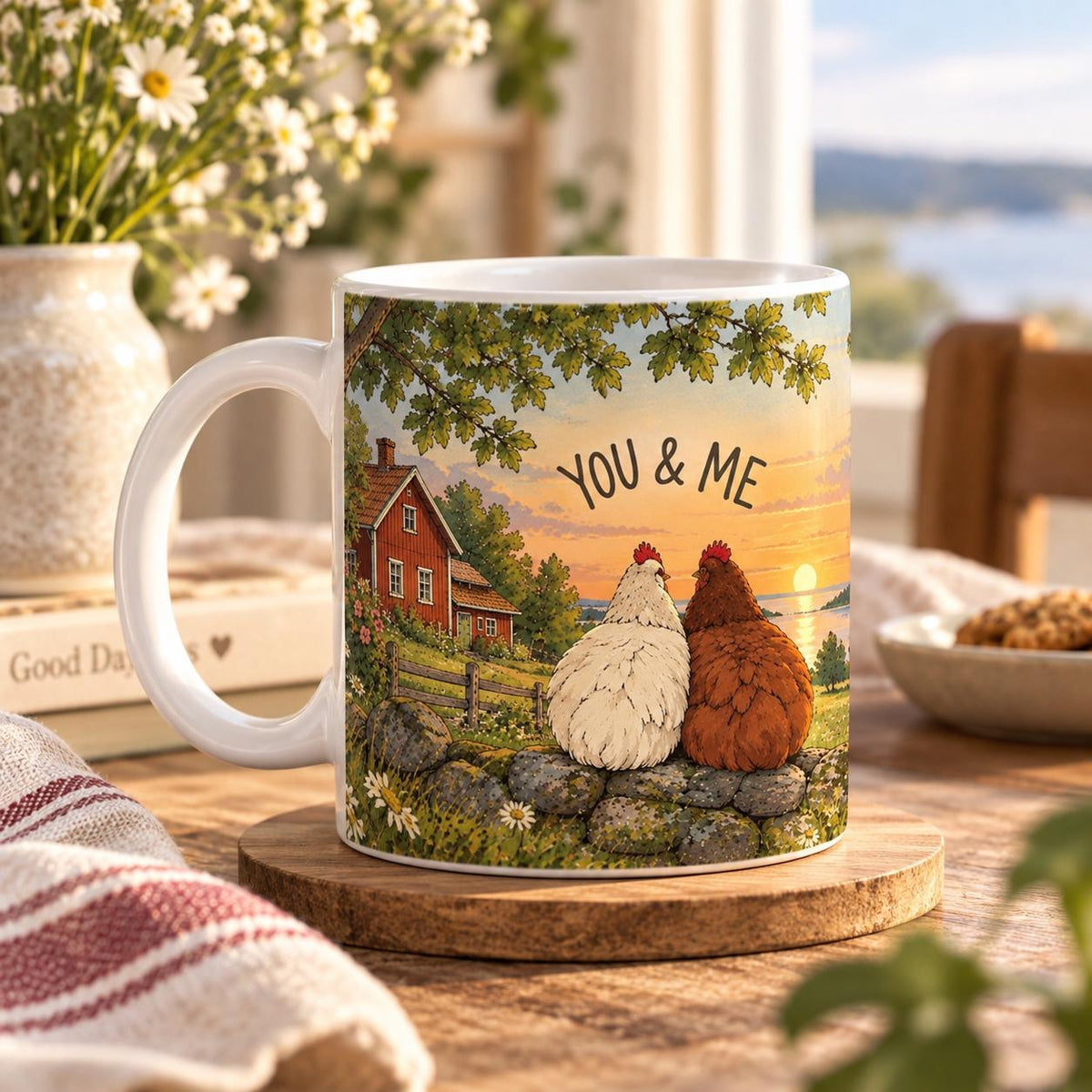 YOU & ME Hühner Tasse | romantische Paar Tasse Chicken | Geschenk Partner | Bauernhof Landhaus Becher | Keramiktasse 325 ML (11 oz) Humor
