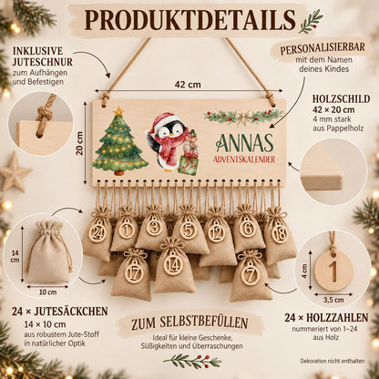 Personalisierter Adventskalender mit Namen aus Holz | 24 Säckchen zum Befüllen | Kinderadventskalender Jutesäckchen Aufhängen Mädchen Jungen