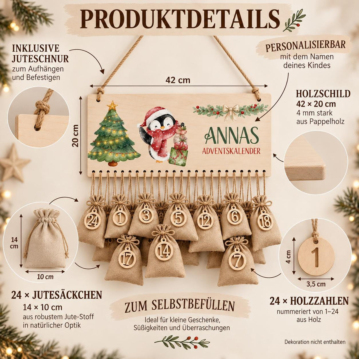 Adventskalender für Kinder | Personalisierbar mit Namen für Weihnachten | Set mit 24 Säckchen zum Befüllen Holz | Weihnachtsmotive Geschenk