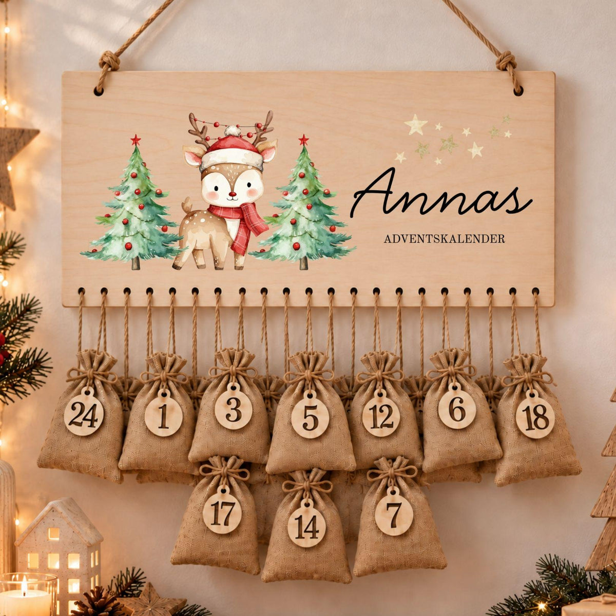 Personalisierter Adventskalender mit Namen aus Holz | 24 Säckchen zum Befüllen | Kinderadventskalender Jutesäckchen Aufhängen Mädchen Jungen