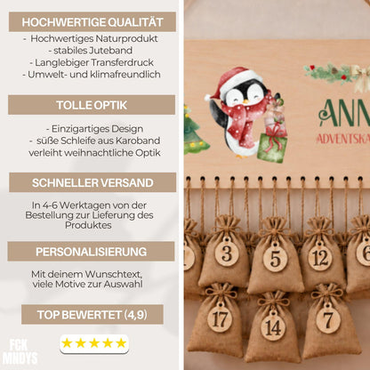 Personalisierter Adventskalender mit Namen aus Holz | 24 Säckchen zum Befüllen | Kinderadventskalender Jutesäckchen Aufhängen Mädchen Jungen