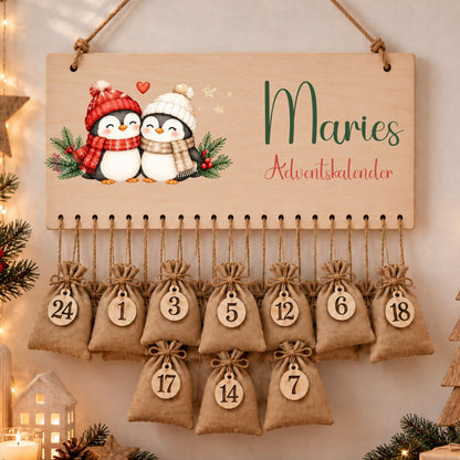 Adventskalender für Kinder | Personalisierbar mit Namen für Weihnachten | Set mit 24 Säckchen zum Befüllen Holz | Weihnachtsmotive Geschenk