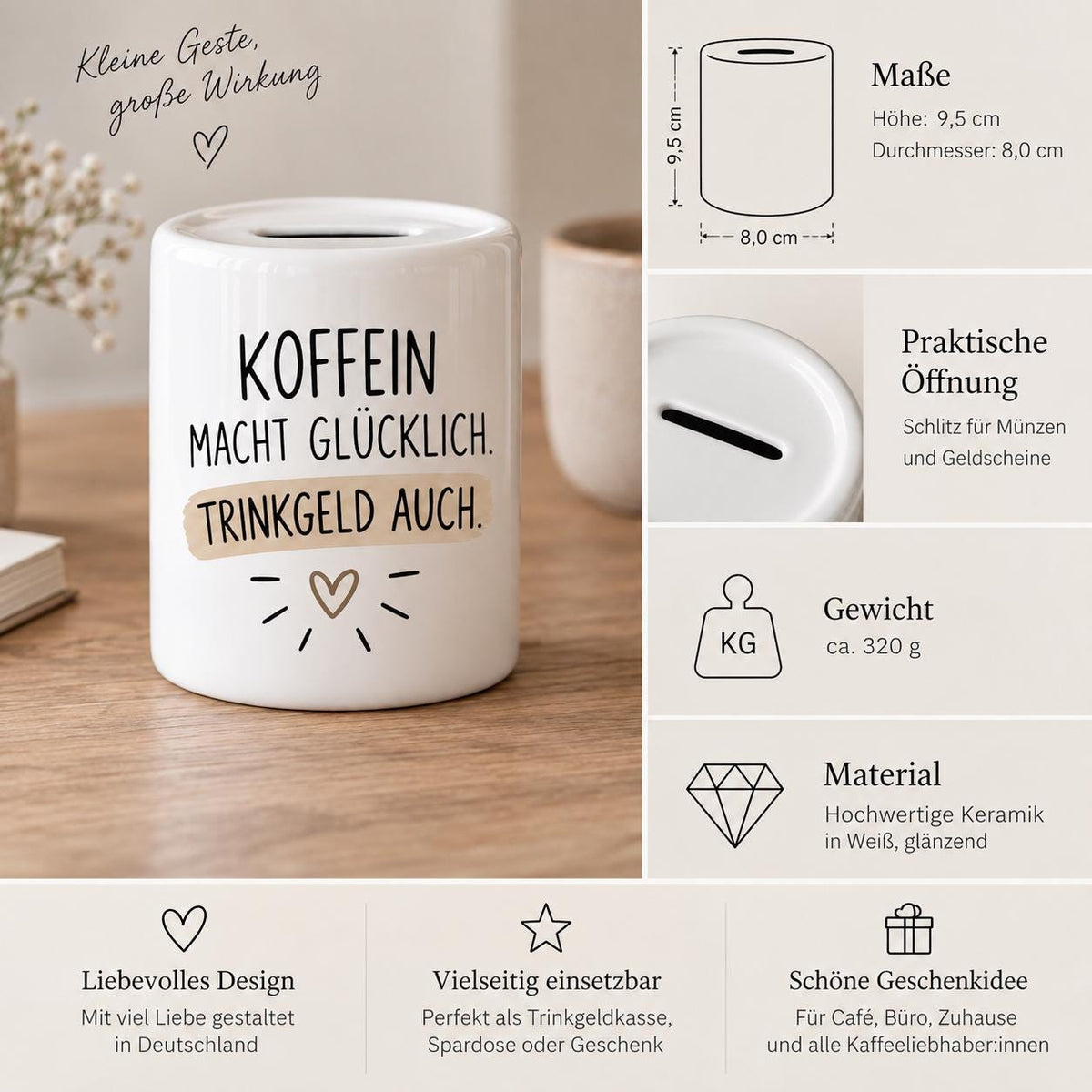 Kaffeekasse Trinkgeldkasse Spardose, Geschenk für Service, Gastro, Team Restaurant, Trinkgeld, Sparschwein Keramik Spendenkasse, Sparbüchse