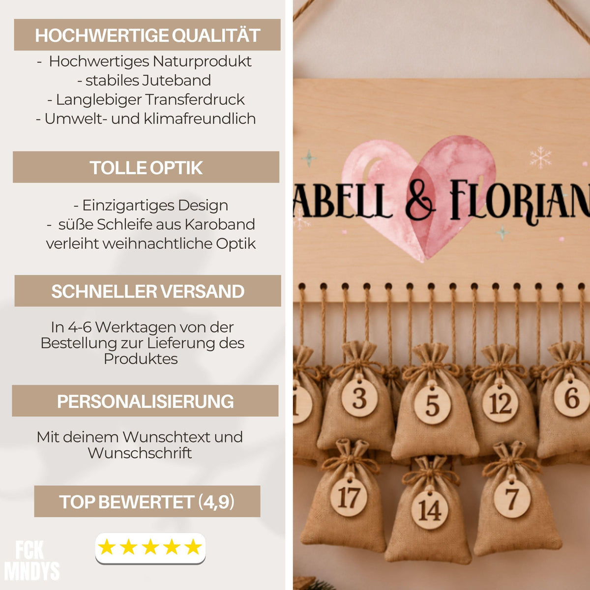 Adventskalender für Paare aus Holz zum Befüllen | Personalisierter Adventskalender Pärchenkalender | Weihnachtsgeschenk Partner Partnerin