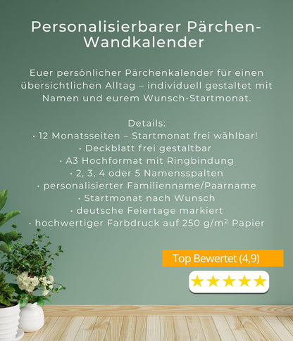 Paarkalender 2026–2027 personalisierbar | Pärchenplaner mit Foto | A3 Wandkalender für Paare | 2-3-4-5 Spalten | Startmonat wählbar mit Foto