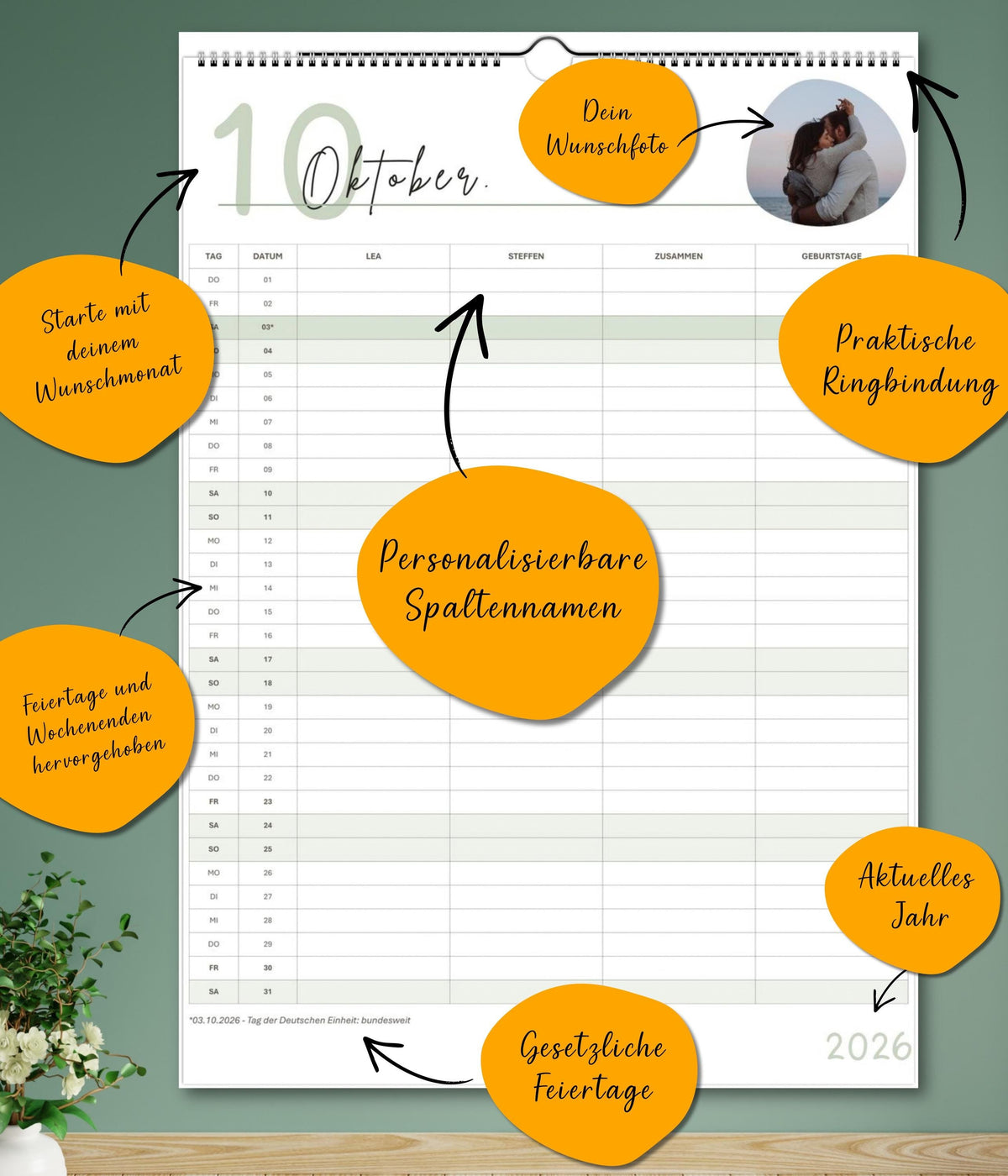Paarkalender 2026–2027 personalisierbar | Pärchenplaner mit Foto | A3 Wandkalender für Paare | 2-3-4-5 Spalten | Startmonat wählbar mit Foto