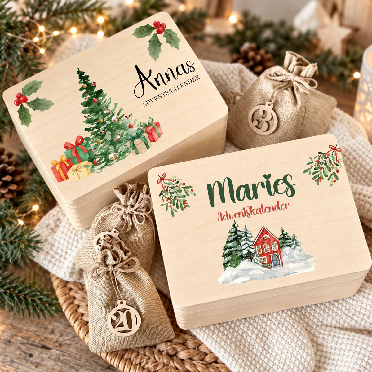 Adventskalender zum Befüllen | Holzkiste Kinder personalisiert | Weihnachten Adventsdeko Holzkiste Box Jungen Mädchen Jutesäckchen Rentier