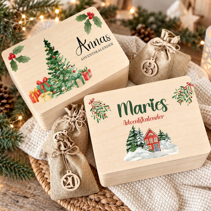 Adventskalender zum Befüllen | Holzkiste Kinder personalisiert | Weihnachten Adventsdeko Holzkiste Box Jungen Mädchen Jutesäckchen Rentier