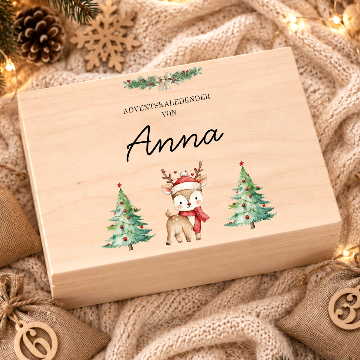 Adventskalender zum Befüllen | Holzkiste Kinder personalisiert | Weihnachten Adventsdeko Holzkiste Box Jungen Mädchen Jutesäckchen Rentier