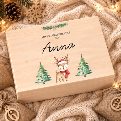 Adventskalender zum Befüllen | Holzkiste Kinder personalisiert | Weihnachten Adventsdeko Holzkiste Box Jungen Mädchen Jutesäckchen Rentier