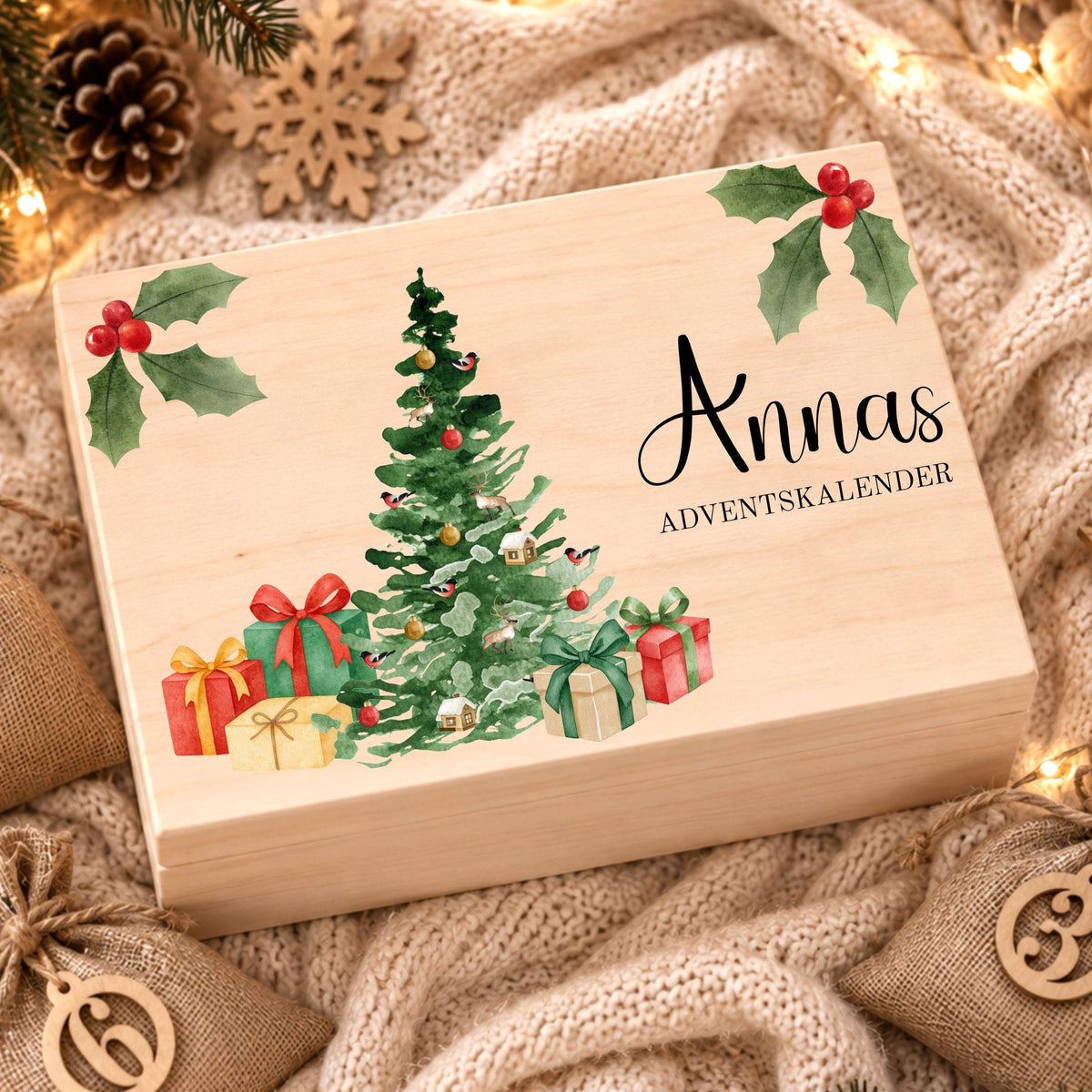 Adventskalender zum Befüllen | Holzkiste Kinder personalisiert | Weihnachten Adventsdeko Holzkiste Box Jungen Mädchen Jutesäckchen Rentier