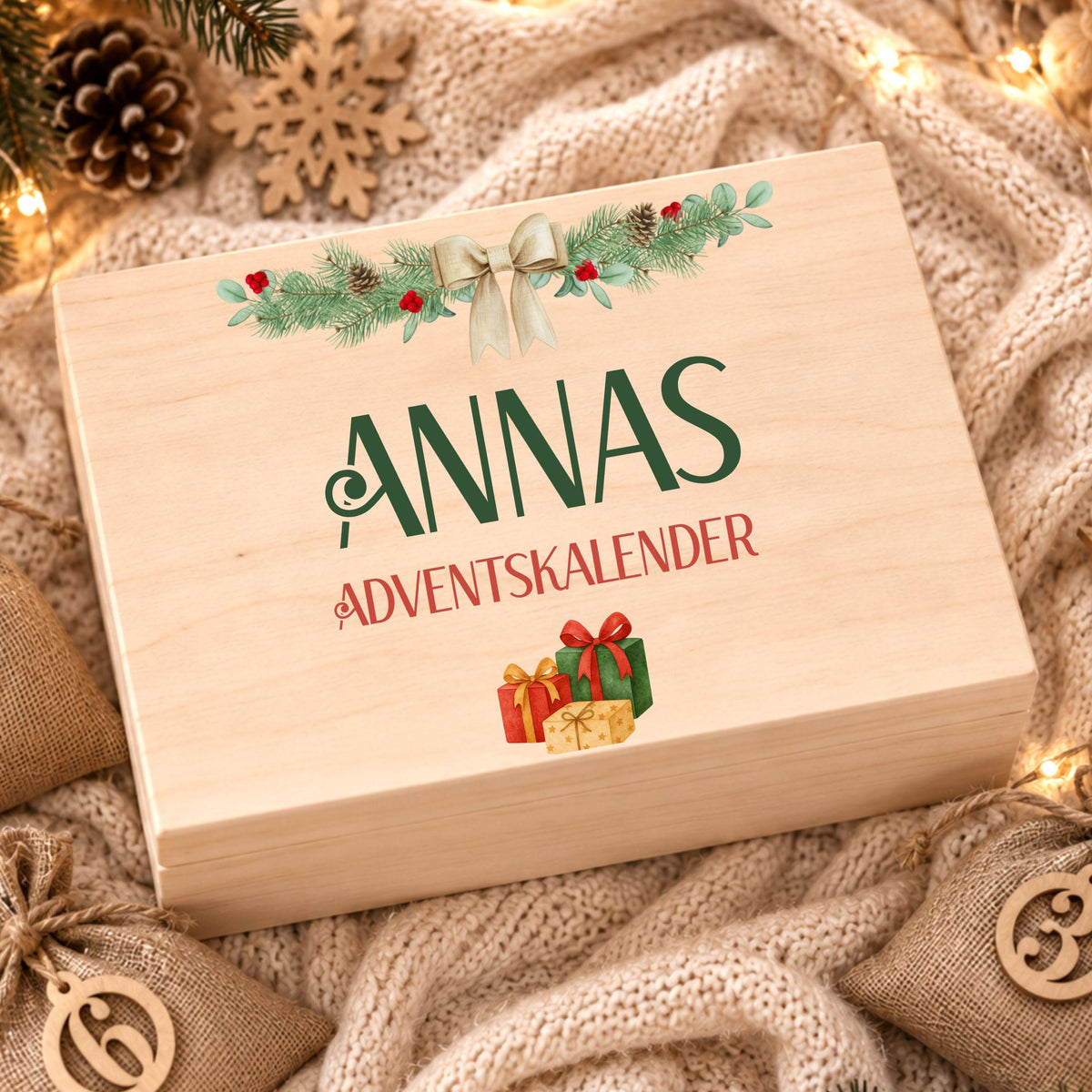 Adventskalender zum Befüllen | Holzkiste Kinder personalisiert | Weihnachten Adventsdeko Holzkiste Box Jungen Mädchen Jutesäckchen Rentier