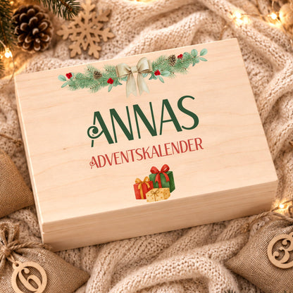 Adventskalender zum Befüllen | Holzkiste Kinder personalisiert | Weihnachten Adventsdeko Holzkiste Box Jungen Mädchen Jutesäckchen Rentier