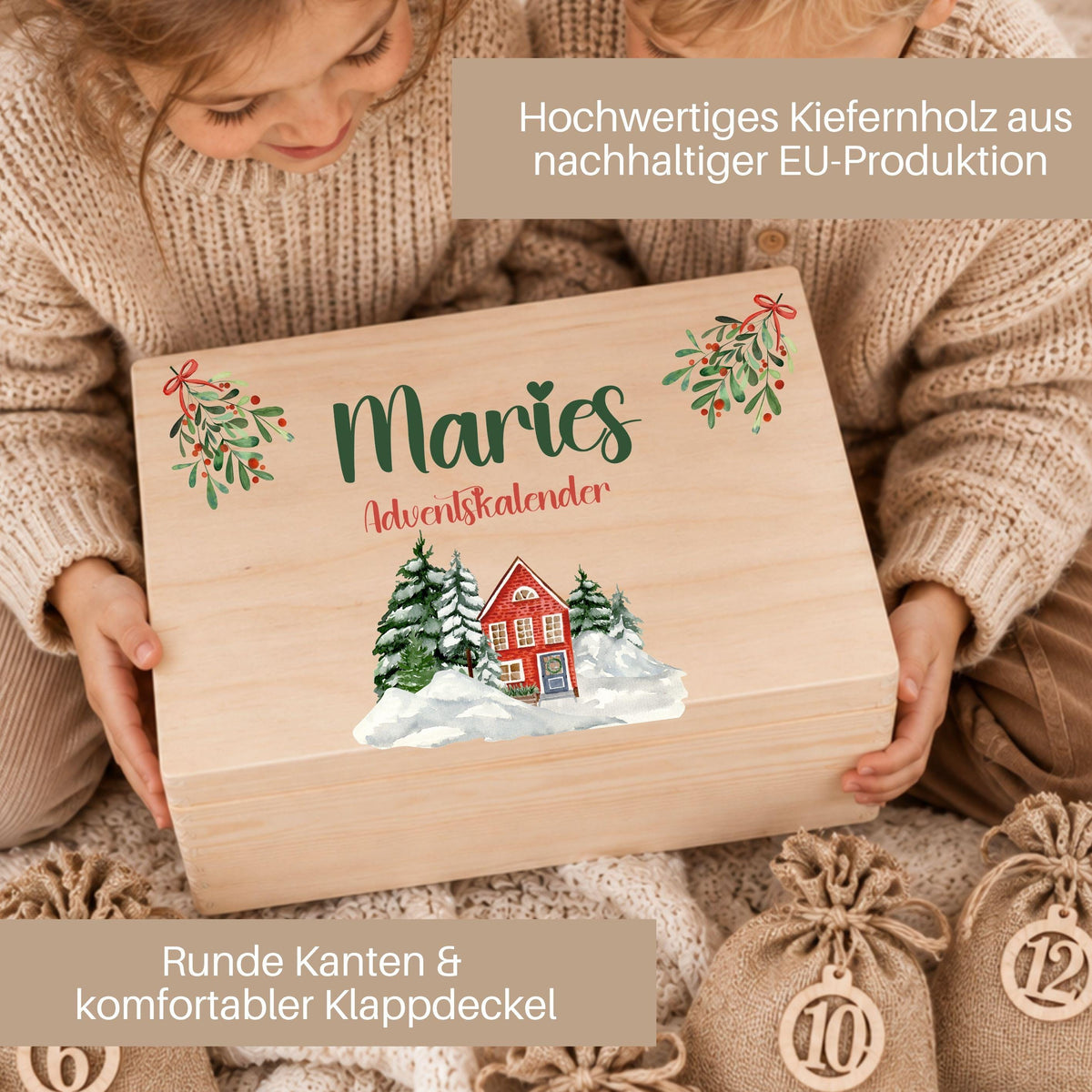 Adventskalender zum Befüllen | Holzkiste Kinder personalisiert | Weihnachten Adventsdeko Holzkiste Box Jungen Mädchen Jutesäckchen Rentier