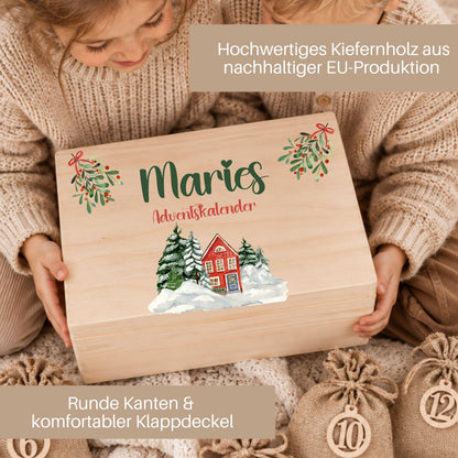Adventskalender zum Befüllen | Holzkiste Kinder personalisiert | Weihnachten Adventsdeko Holzkiste Box Jungen Mädchen Jutesäckchen Rentier