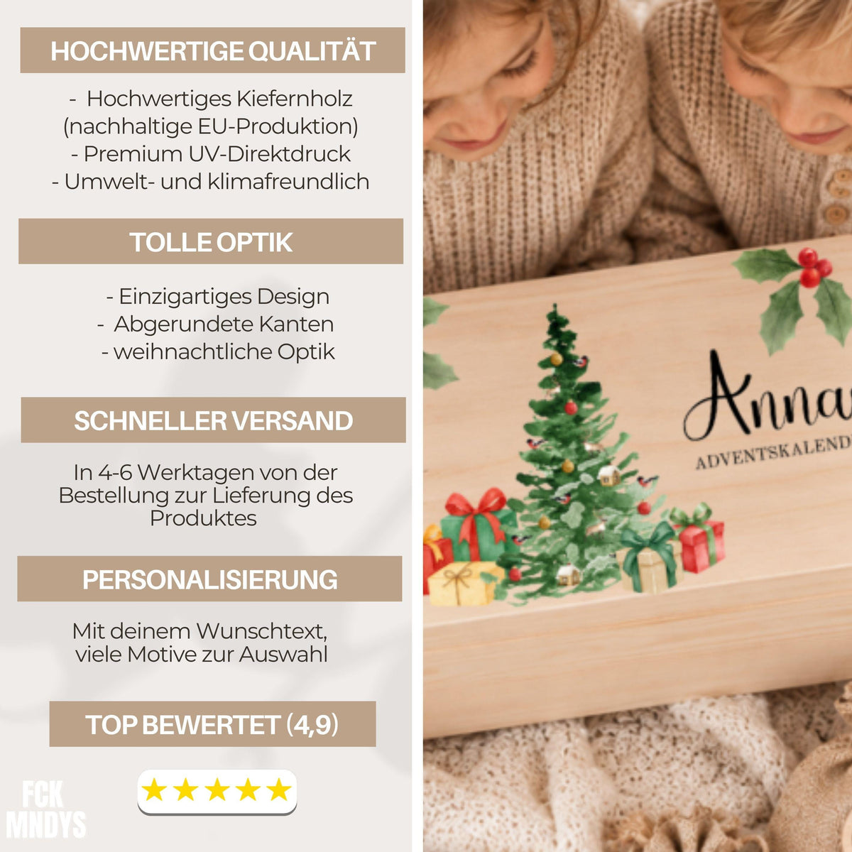 Adventskalender zum Befüllen | Holzkiste Kinder personalisiert | Weihnachten Adventsdeko Holzkiste Box Jungen Mädchen Jutesäckchen Rentier