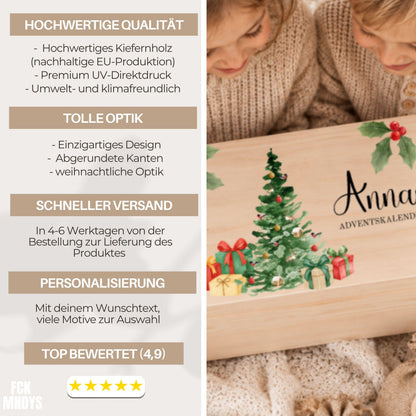 Adventskalender zum Befüllen | Holzkiste Kinder personalisiert | Weihnachten Adventsdeko Holzkiste Box Jungen Mädchen Jutesäckchen Rentier