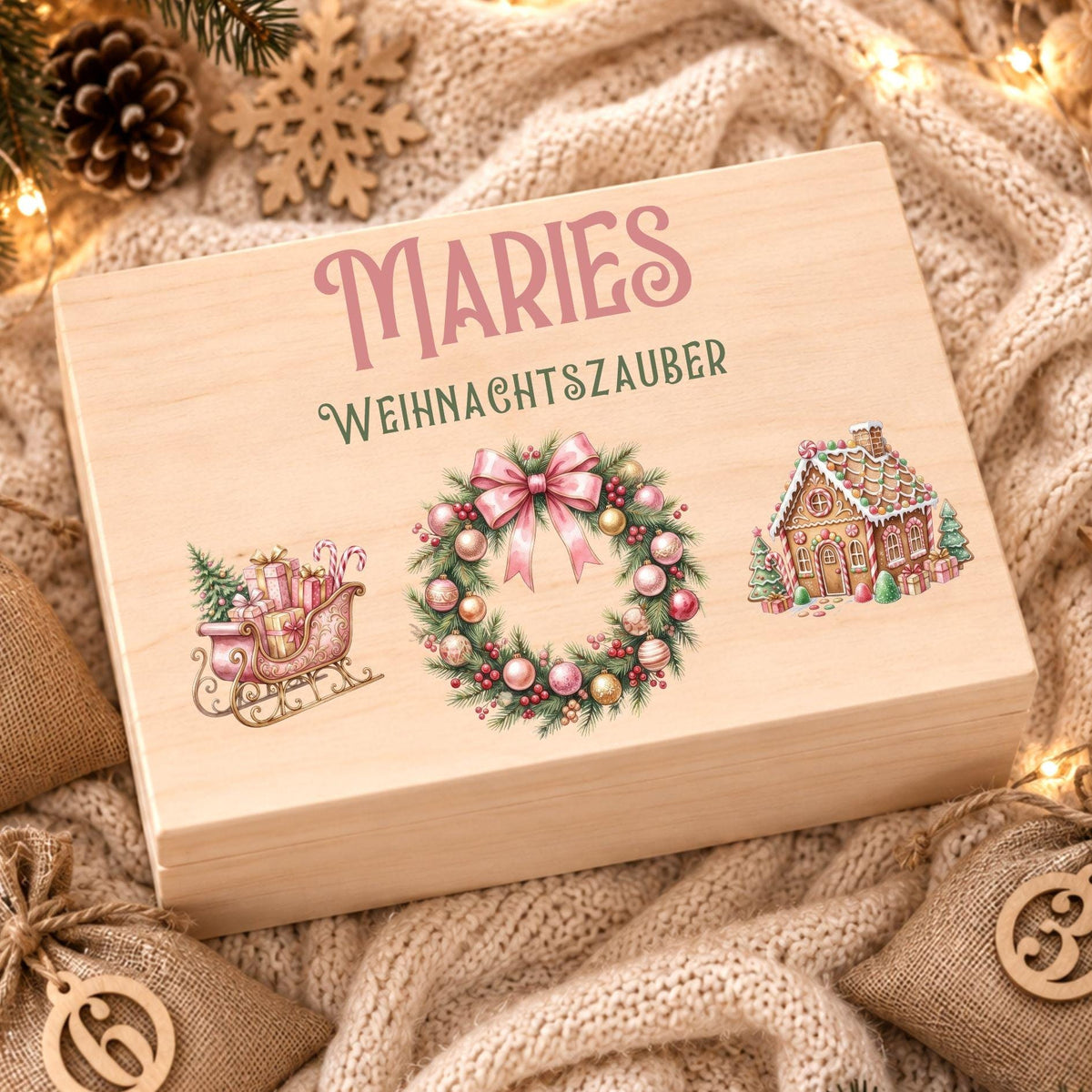 Adventskalender zum Befüllen mit 24 Jutesäckchen | Holzkiste Kinder personalisiert | Weihnachten Adventsdeko Box Mädchen Prinzessin Geschenk