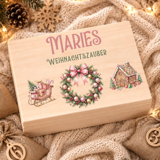 Adventskalender zum Befüllen mit 24 Jutesäckchen | Holzkiste Kinder personalisiert | Weihnachten Adventsdeko Box Mädchen Prinzessin Geschenk