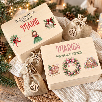 Adventskalender zum Befüllen mit 24 Jutesäckchen | Holzkiste Kinder personalisiert | Weihnachten Adventsdeko Box Mädchen Prinzessin Geschenk