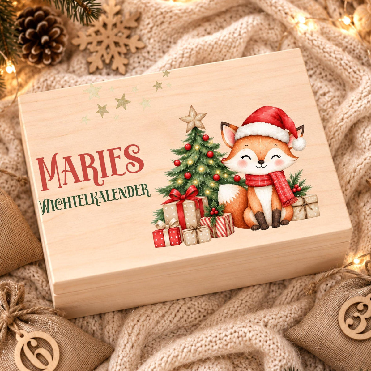 Adventskalender zum Befüllen mit 24 Jutesäckchen | Holzkiste Kinder personalisiert | Weihnachten Adventsdeko Box Mädchen Prinzessin Geschenk