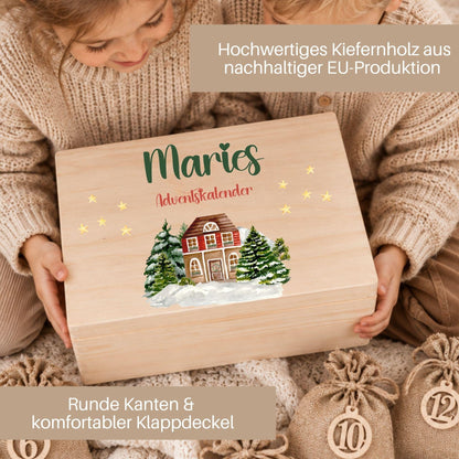 Adventskalender zum Befüllen mit 24 Jutesäckchen | Holzkiste Kinder personalisiert | Weihnachten Adventsdeko Box Mädchen Prinzessin Geschenk