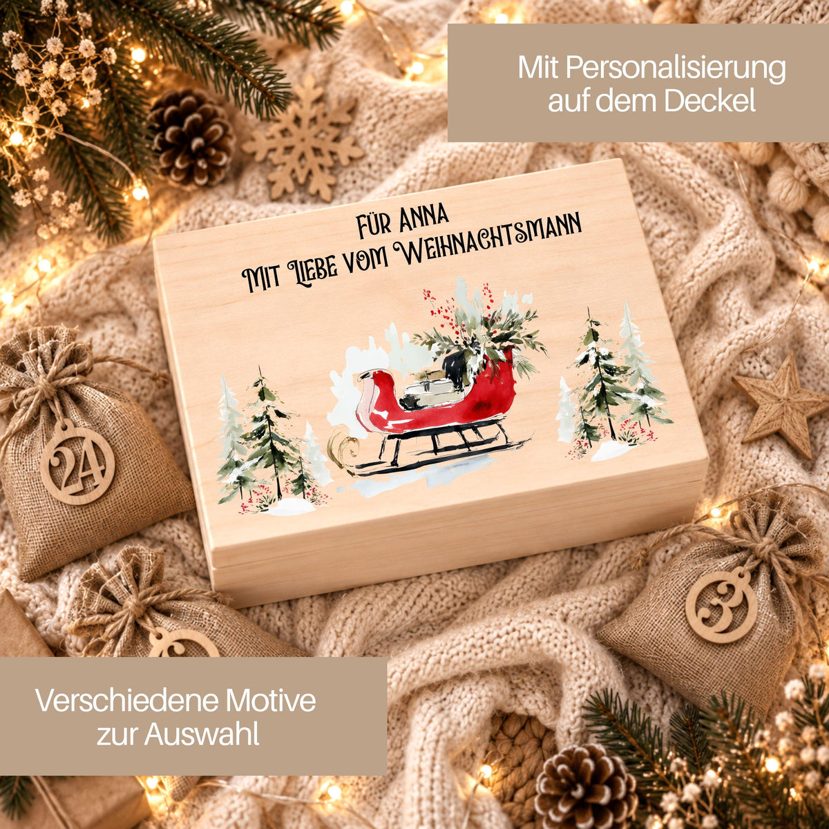 Adventskalender zum Befüllen mit 24 Jutesäckchen | Holzkiste Kinder personalisiert | Weihnachten Adventsdeko Box Mädchen Prinzessin Geschenk