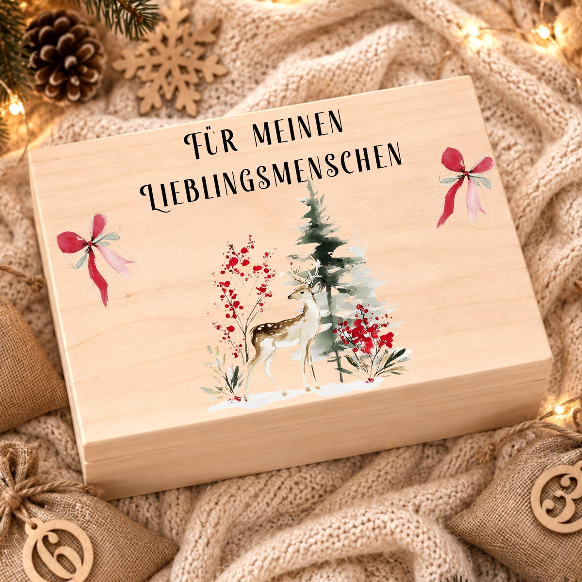 Adventskalender für Paare personalisiert | Holzbox zum Befüllen mit 24 Jutesäckchen und Holzzahlen | Geschenk für Partner mit Wunschtext