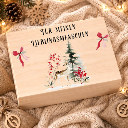 Adventskalender für Paare personalisiert | Holzbox zum Befüllen mit 24 Jutesäckchen und Holzzahlen | Geschenk für Partner mit Wunschtext