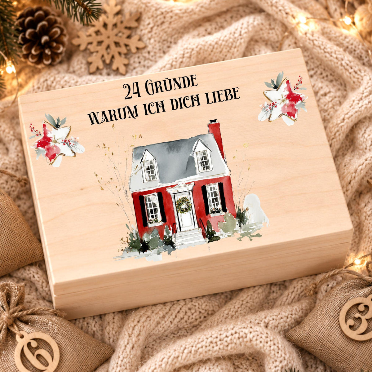 Adventskalender für Paare personalisiert | Holzbox zum Befüllen mit 24 Jutesäckchen und Holzzahlen | Geschenk für Partner mit Wunschtext