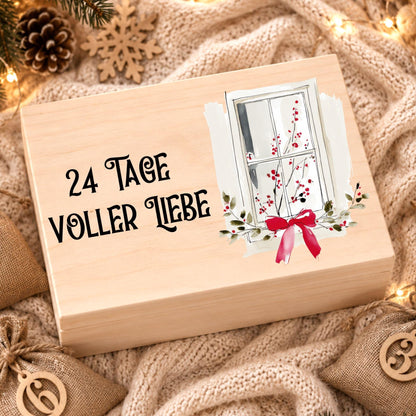 Adventskalender für Paare personalisiert | Holzbox zum Befüllen mit 24 Jutesäckchen und Holzzahlen | Geschenk für Partner mit Wunschtext