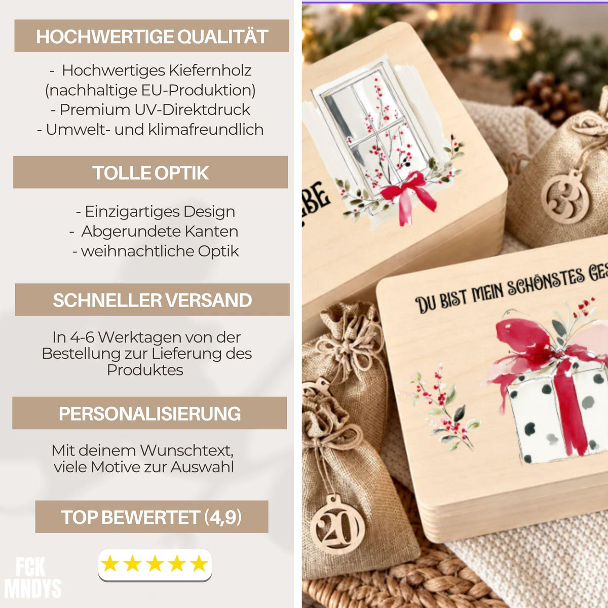 Adventskalender für Paare personalisiert | Holzbox zum Befüllen mit 24 Jutesäckchen und Holzzahlen | Geschenk für Partner mit Wunschtext