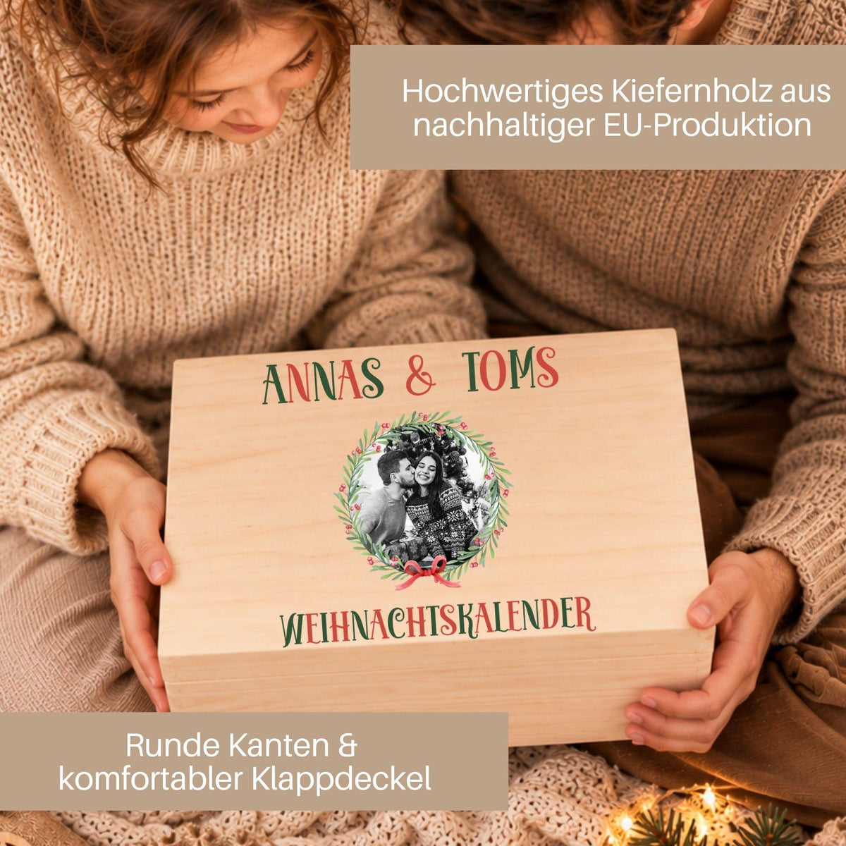 Adventskalender für Paare mit Foto personalisiert | Holzbox zum Befüllen mit 24 Jutesäckchen Holzzahlen, Geschenk für Partner mit Wunschtext