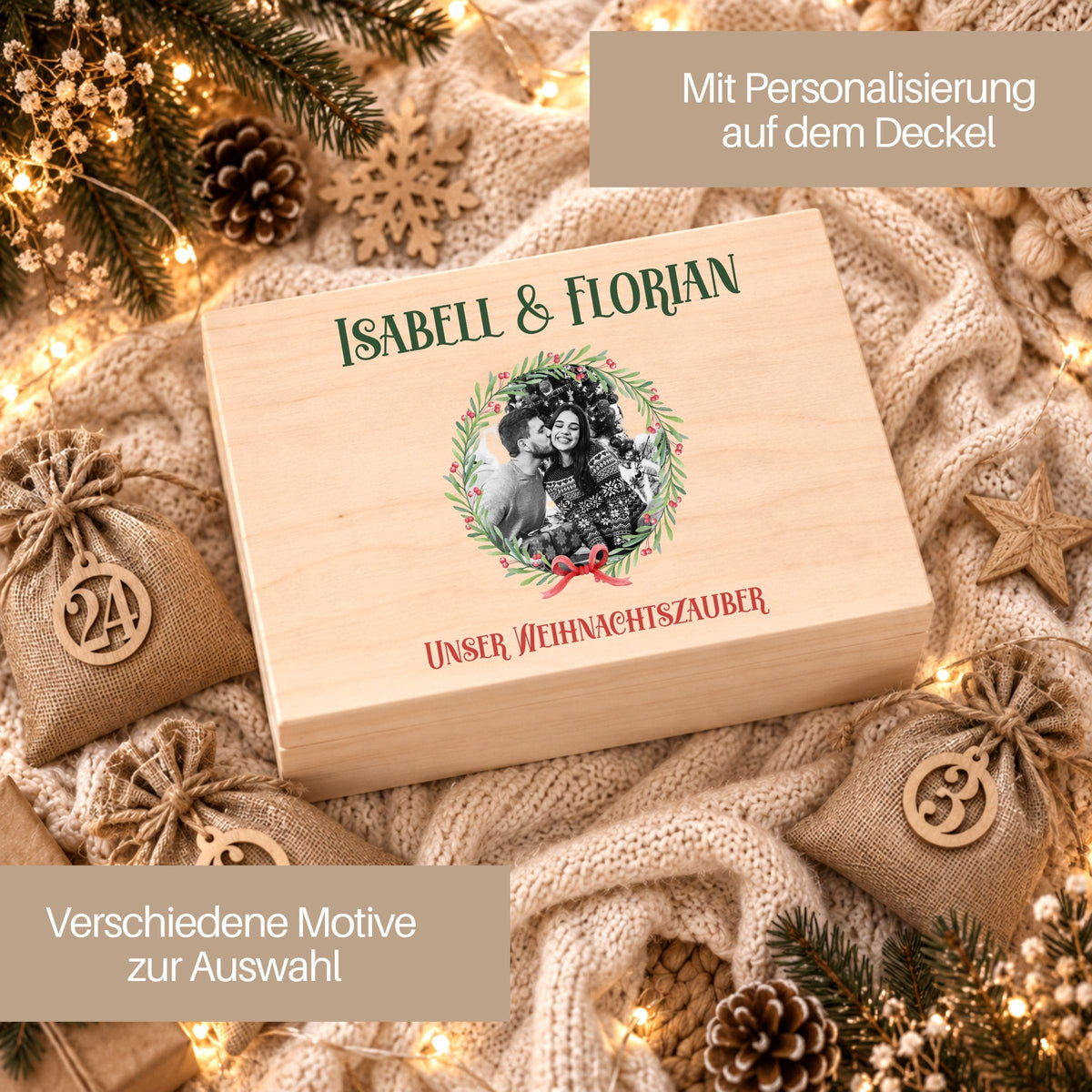 Adventskalender für Paare mit Foto personalisiert | Holzbox zum Befüllen mit 24 Jutesäckchen Holzzahlen, Geschenk für Partner mit Wunschtext