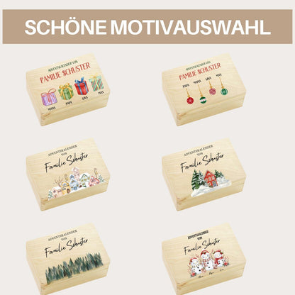 Personalisierter Adventskalender mit Namen für Familien | Holzbox zum Befüllen 24 Säckchen mit Holzzahlen, Geschenk Wunschtext Kinder Eltern