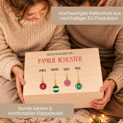 Personalisierter Adventskalender mit Namen für Familien | Holzbox zum Befüllen 24 Säckchen mit Holzzahlen, Geschenk Wunschtext Kinder Eltern