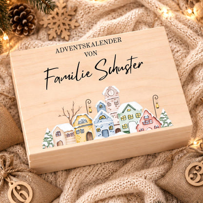 Personalisierter Adventskalender mit Namen für Familien | Holzbox zum Befüllen 24 Säckchen mit Holzzahlen, Geschenk Wunschtext Kinder Eltern